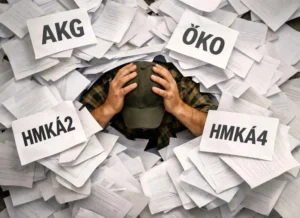 Gazda papírokkal körülvéve, amelyek az AKG, AÖP és HMKÁ szabályváltozásokat jelképezik