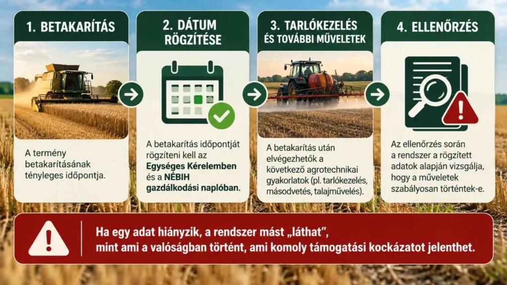 Infografika a betakarítás, a dátum rögzítése, a tarlókezelés és az ellenőrzés folyamatáról